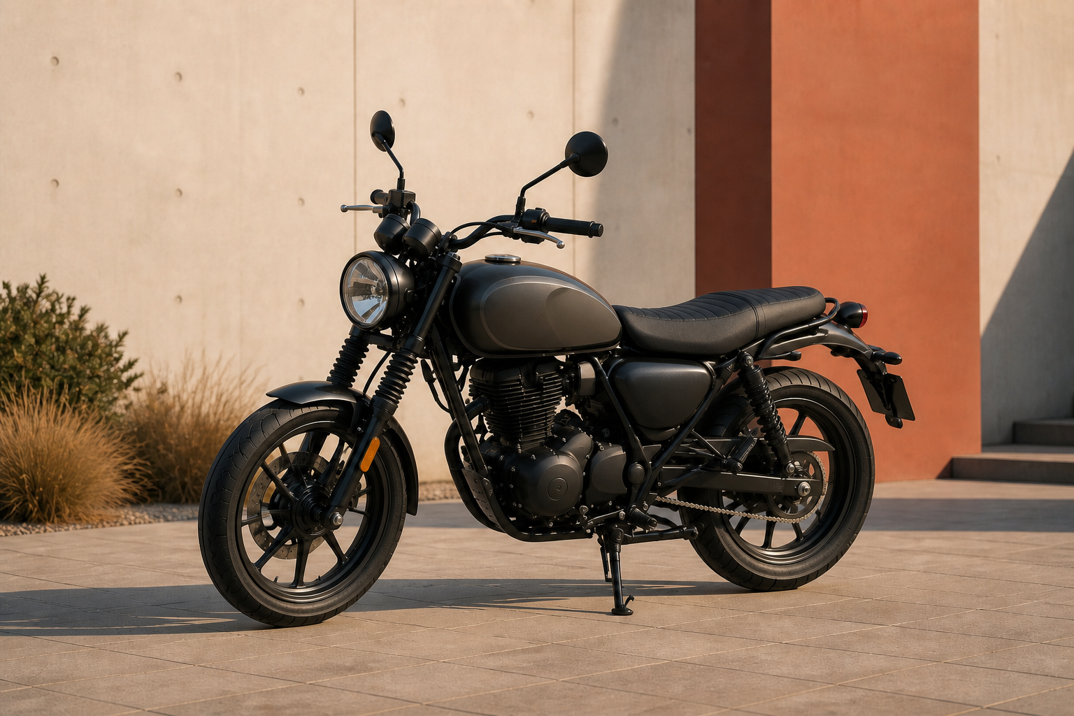 Motocicleta urbana clásica sin marca en una escena editorial contemporánea