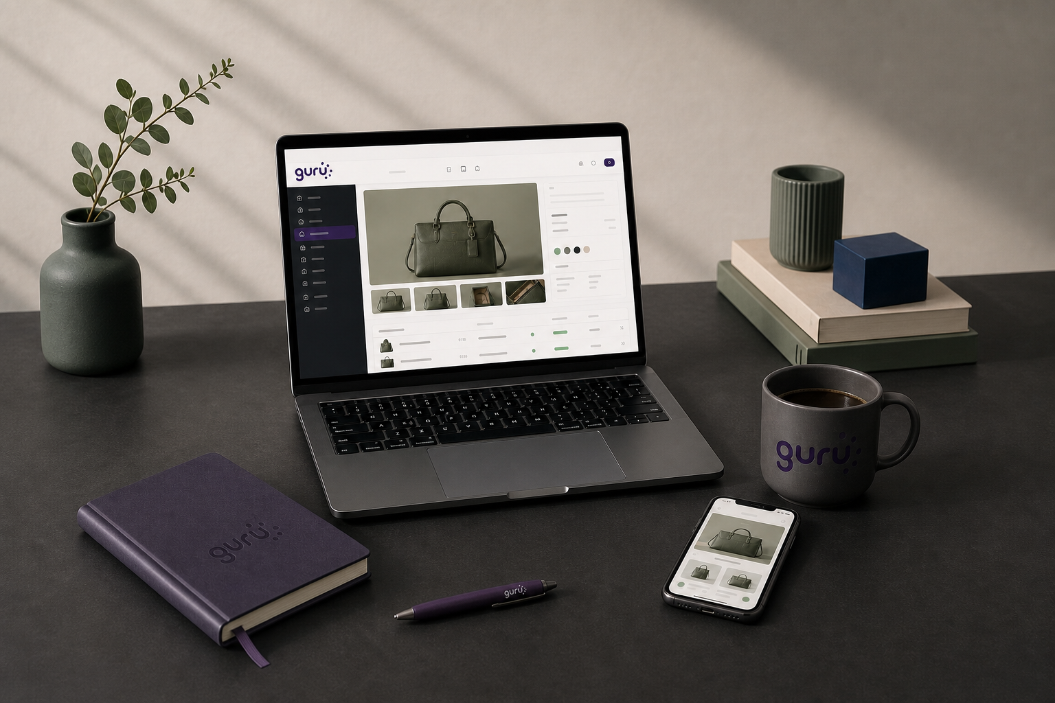 Espacio de trabajo horizontal de Gurú Soluciones con una tienda online abierta y merchandising corporativo